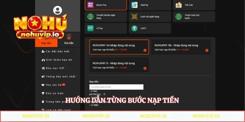 NOHU Hướng dẫn từng bước nạp tiền